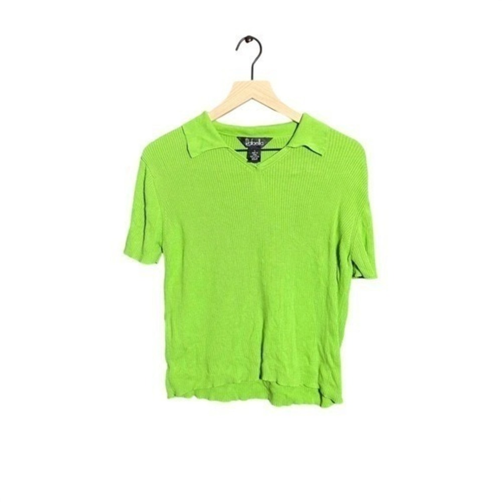 Rafaella Women's Ribbed Knit Polo Sweater Lg Lime Green Short Sleeve Cotton Top